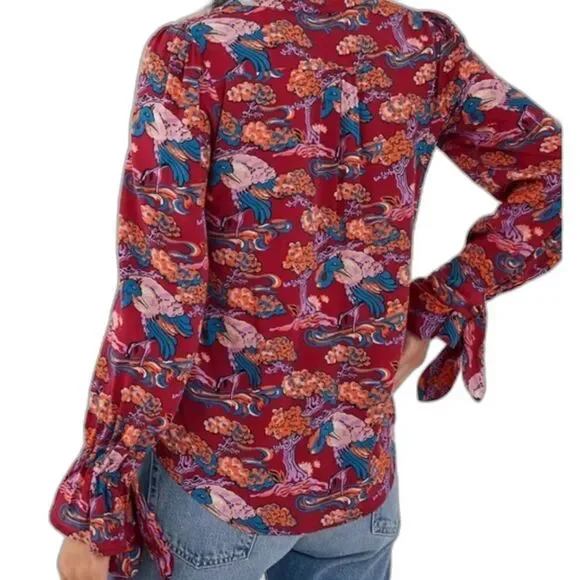 Anthropologie Maeve Darla Buttondown Shirt Vibrant Trees and Birds Size 8 - Picture 5 of 12